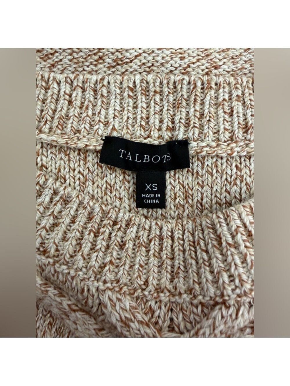 Talbots Marled Beige Chevron Cable Knit Crewneck Sweater Size XS - Picture 3 of 5